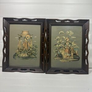 Pair of Framed Vintage Oriental Asian Deco Prints  Carved Wood Frames Woman Man